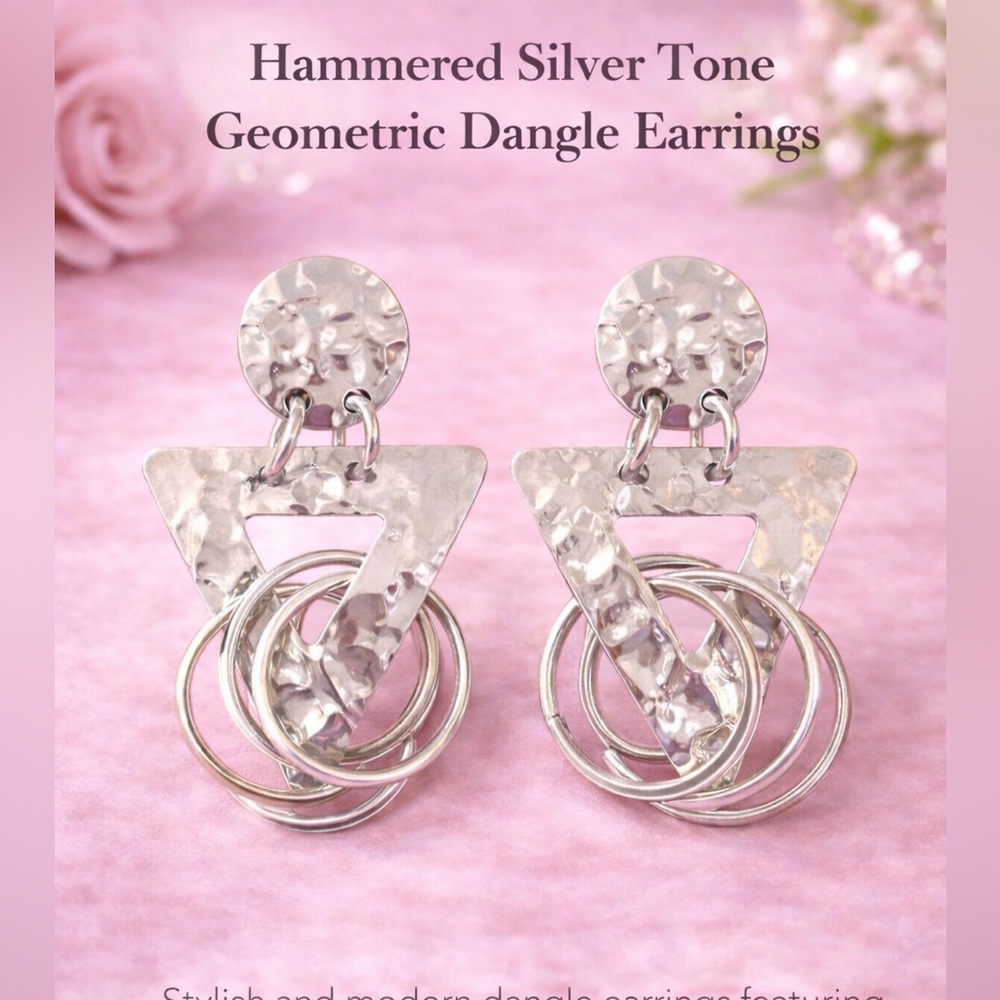 Hammered Silver Tone Geometric Dangle Earrings 2.… - image 4